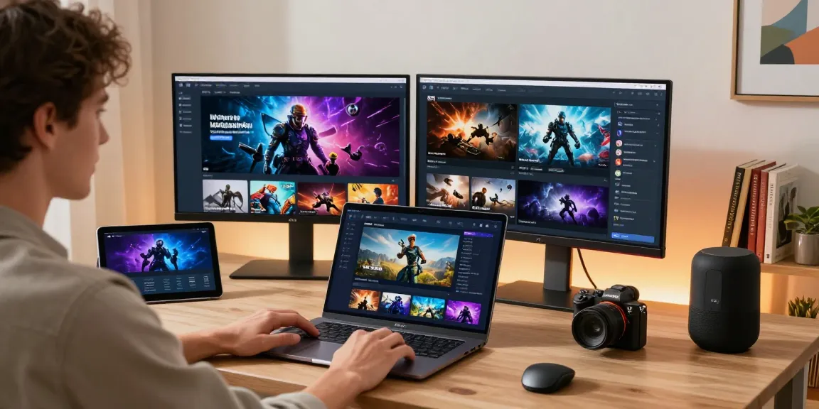 Pengguna platform online modern dengan akses cepat sedang menjelajahi fitur multimedia di laptop di ruang kerja yang nyaman.