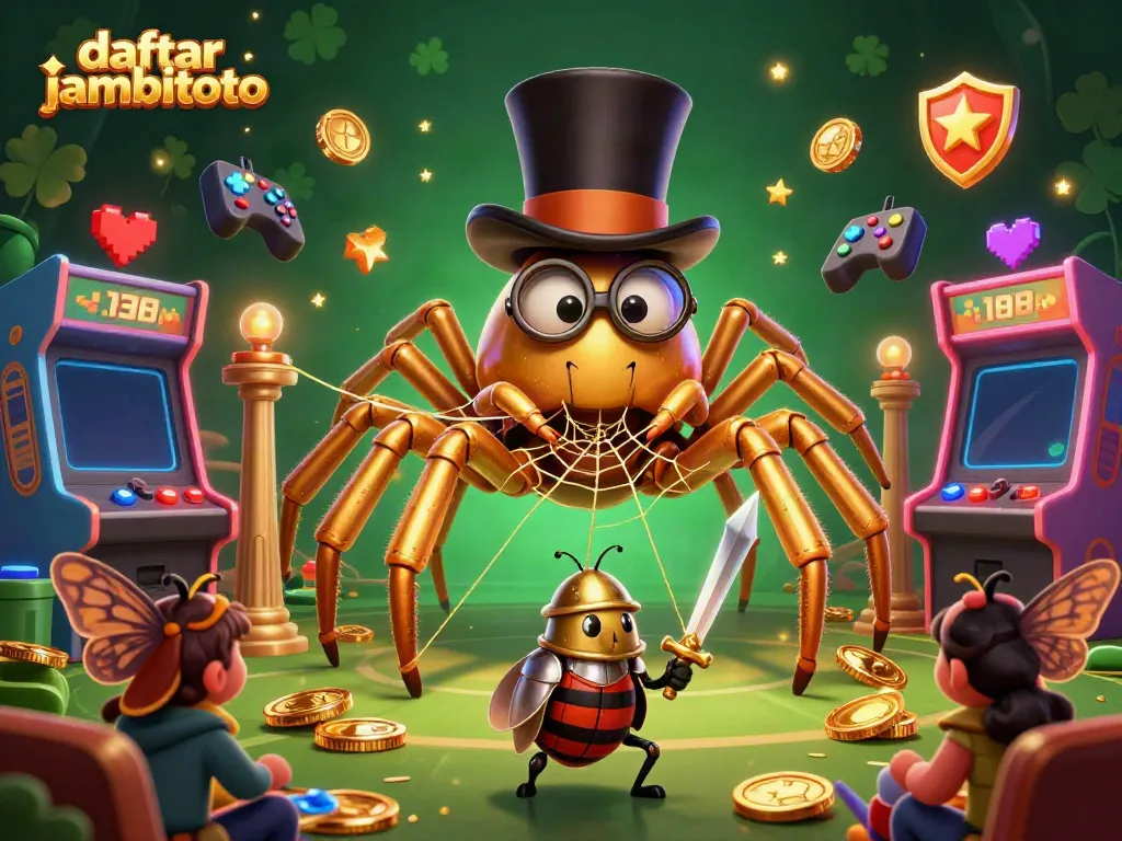 Engage with the thrilling moments of daftar jambitoto as a giant golden tarantula weaves its web amidst glowing arcade machines and animated characters.