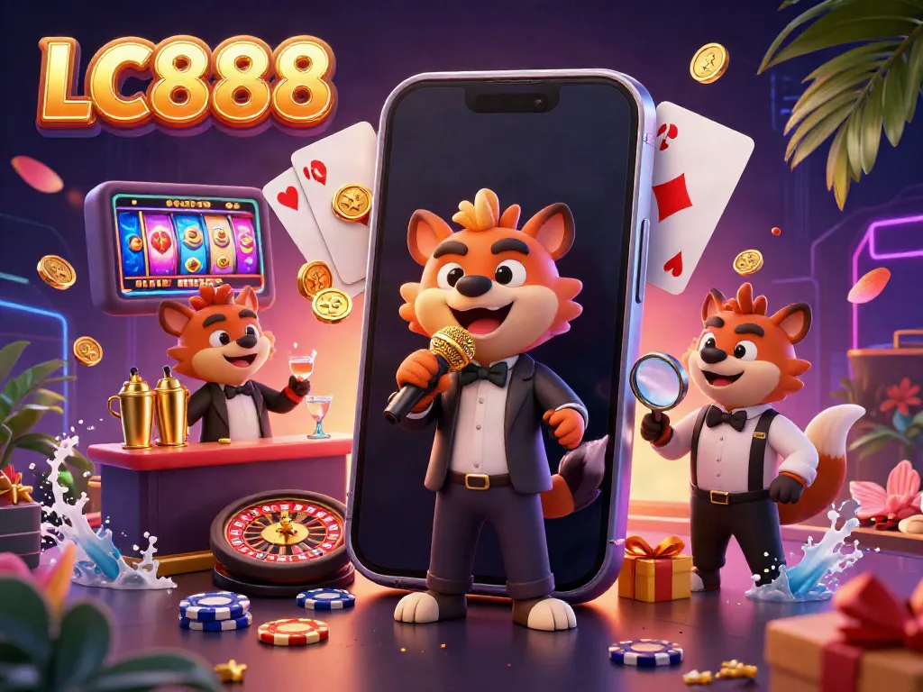 Experience the vibrant LC888 casino scene with hyenas, comedic charm, and exciting casino gameplay elements.