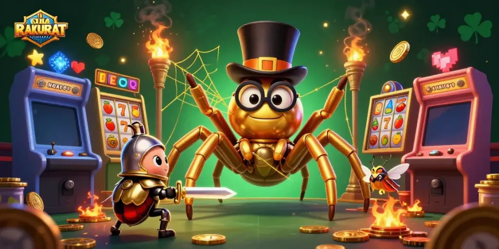 Engage with RAJAAKURAT's vibrant casino realm where a golden tarantula weaves magic amid slot-themed elements.
