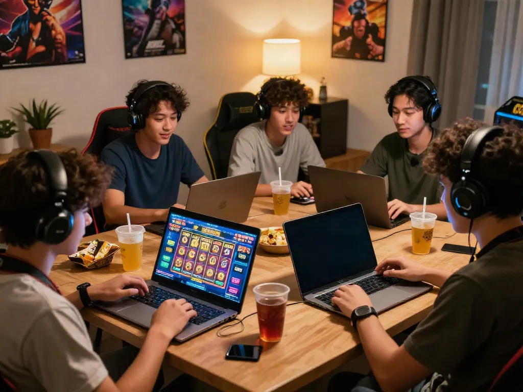 Excited players enjoying slot gacor games on multiple devices in a cozy gaming room.