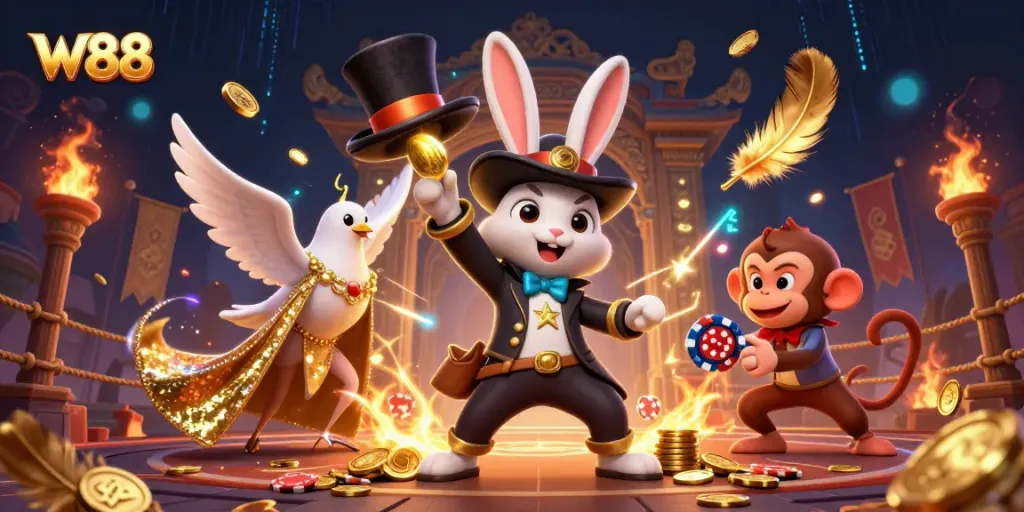 Engage with W88's magical world of online gambling featuring a captivating casino scene.