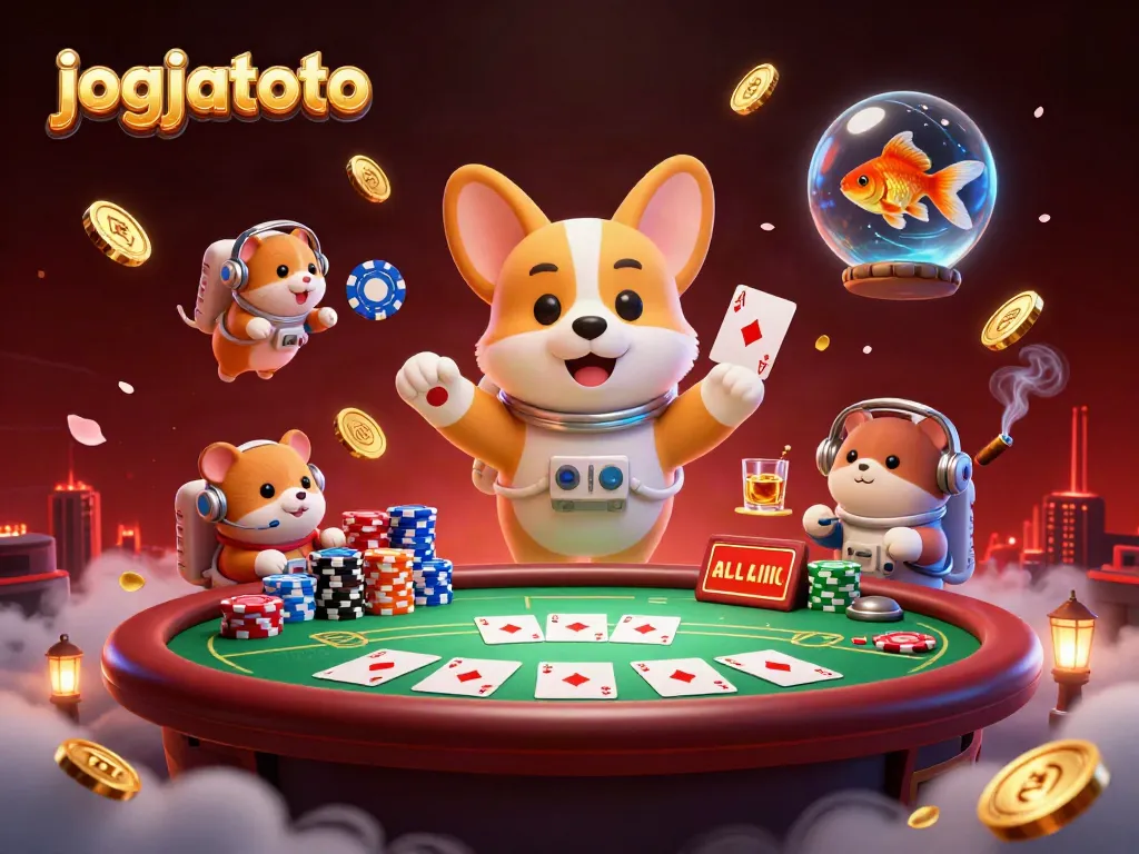 Experience excitement at jogjatoto with a corgi astronaut in a zero-gravity space casino, complete with colorful poker chips and glowing atmosphere.