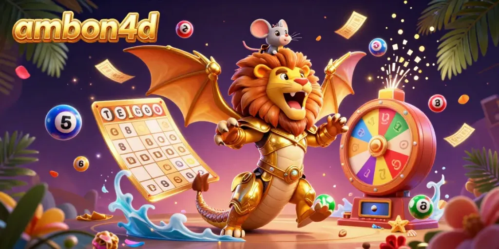 Play exciting games on ambon4d with a dynamic 3D illustration featuring a golden chimera and vibrant lottery elements.