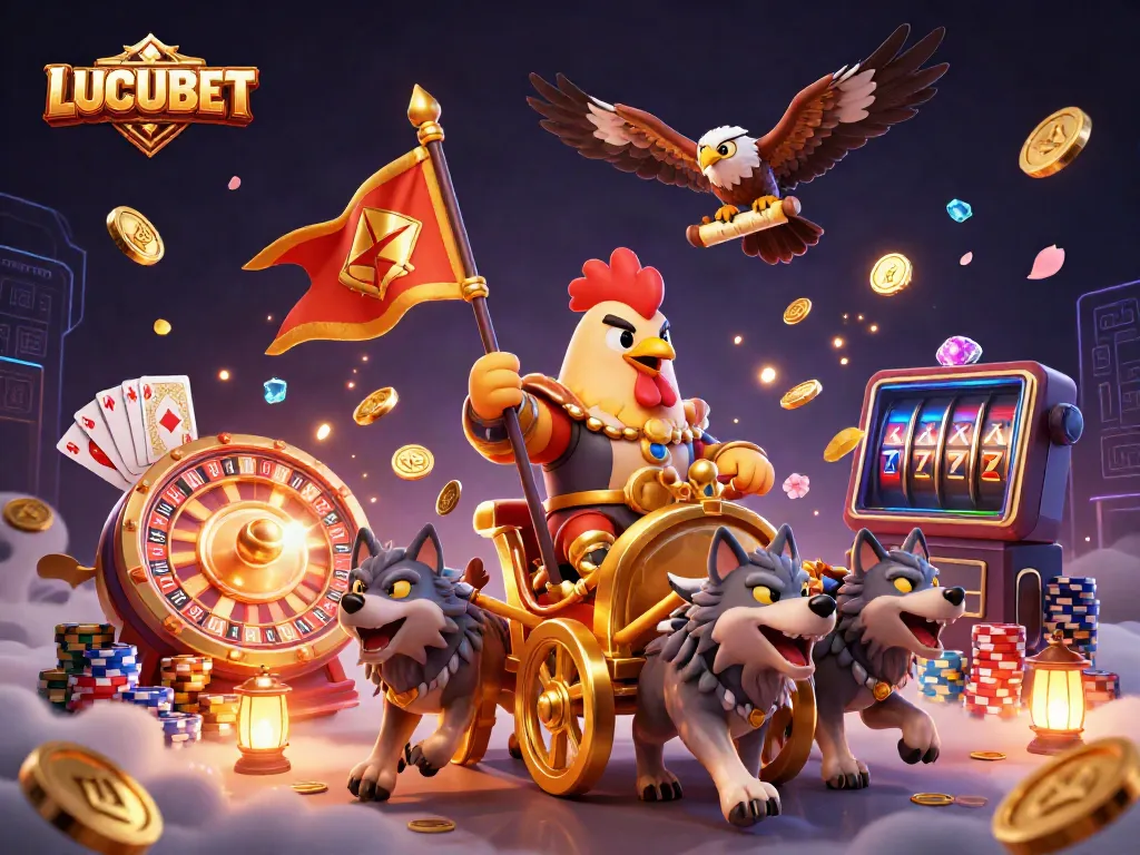 LUCUBET showcases a dynamic casino scene with a rooster warlord and gaming elements, highlighting thrilling gameplay.