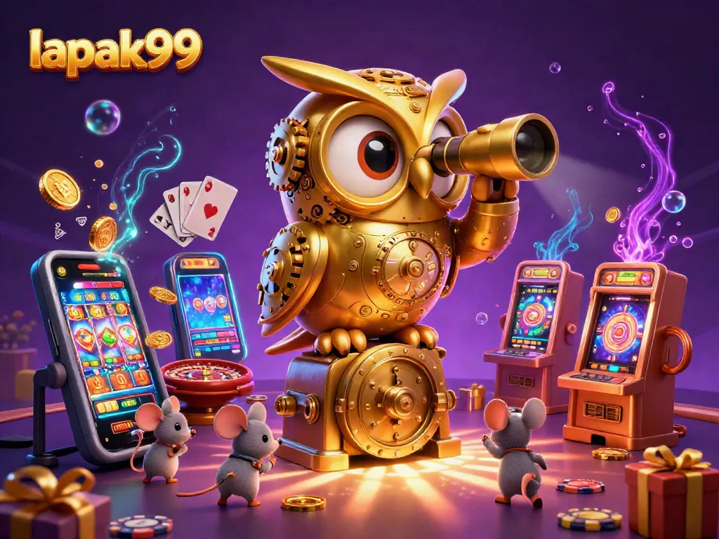 Experience the thrill of lapak99 casino gaming with a vibrant 3D illustration of a golden owl and gaming elements.