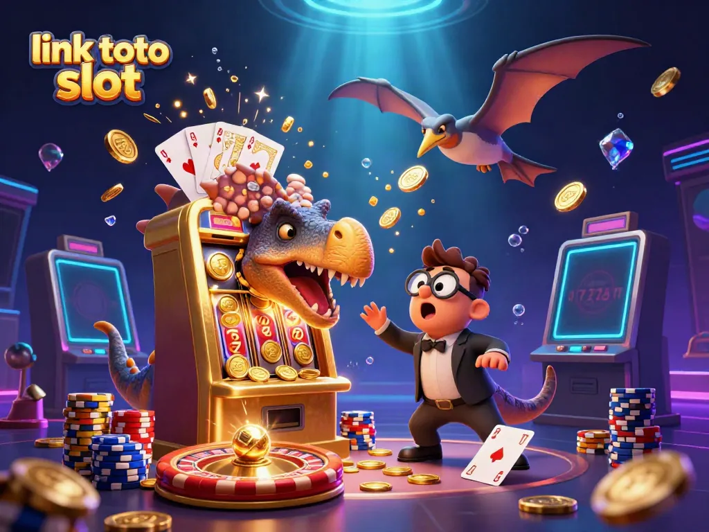 Rasakan keseruan bermain link toto slot dengan dinosaurus 3D yang menanduk mesin slot emas, dikelilingi koin emas dan gem sparkling.