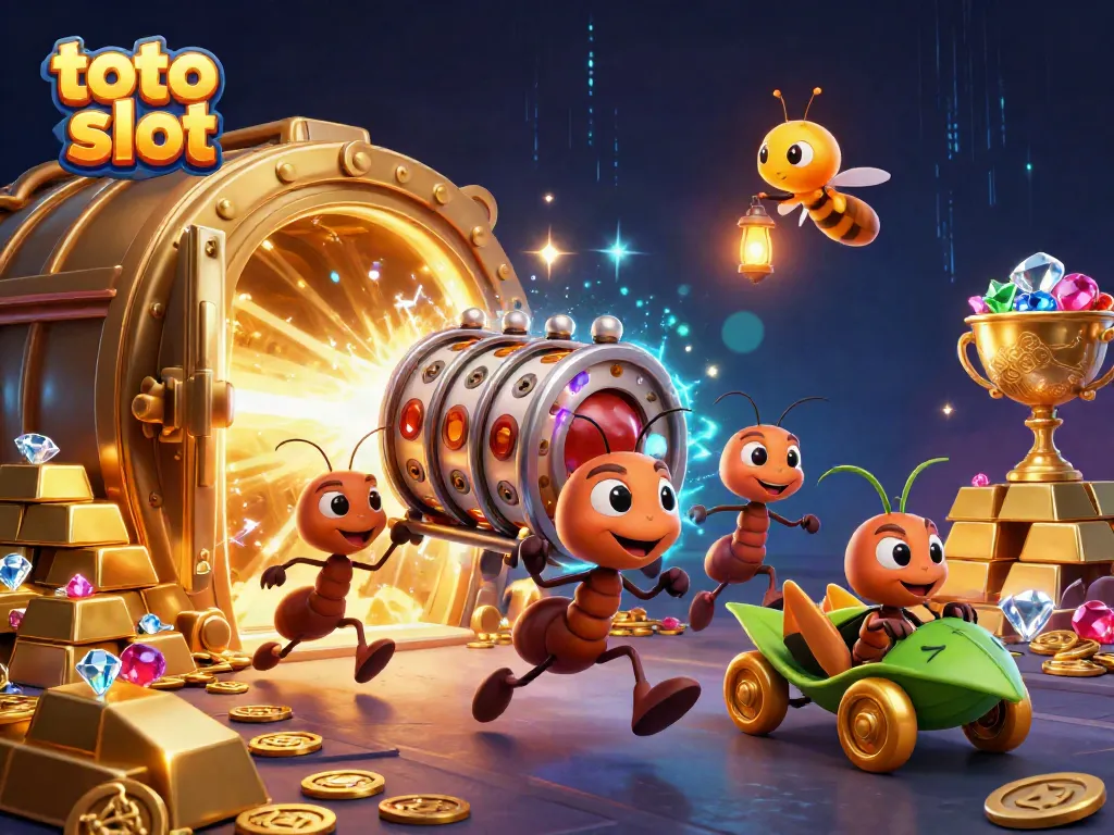 Experience the thrill of toto slot with ants heisting a giant slot reel in a dynamic casino-themed scene.