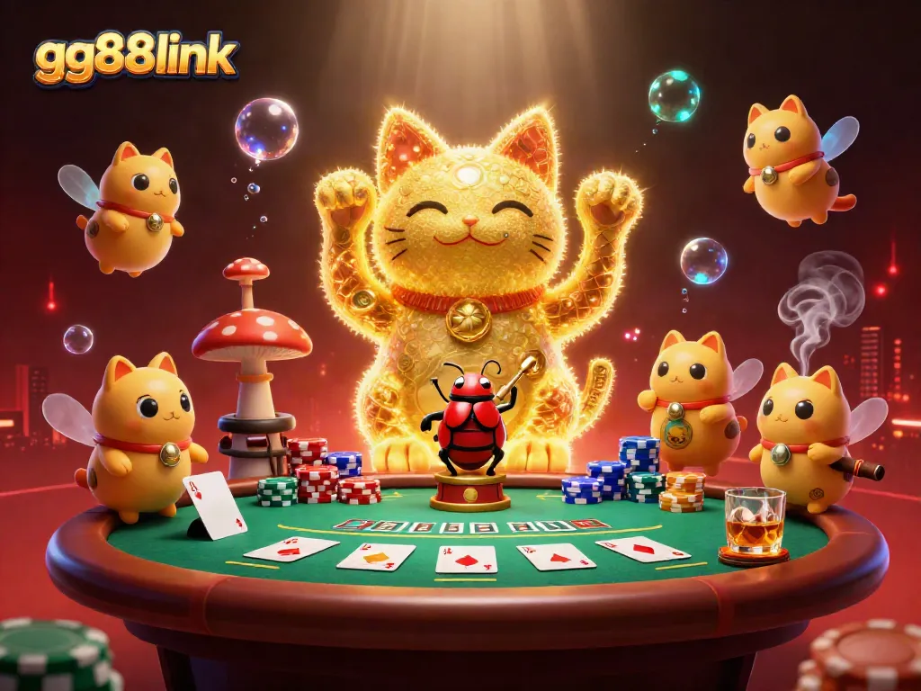 Engage exciting games at gg88link with a dynamic lucky cat and vibrant poker elements.