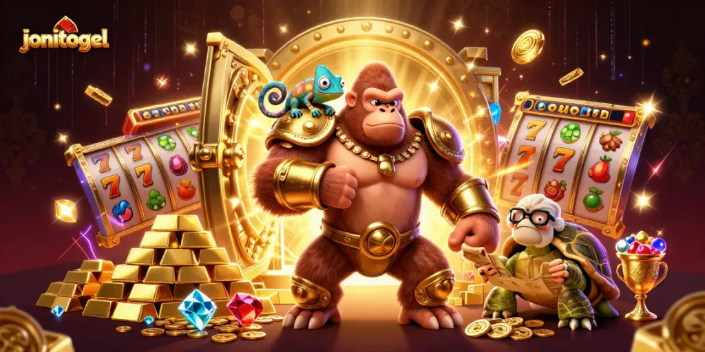 Experience the thrilling journey of jonitogel with a gorilla king and a chameleon companion among riches.