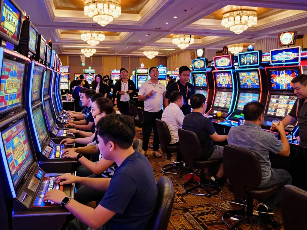 Players engaging with vibrant slot gacor machines in a lively casino environment.