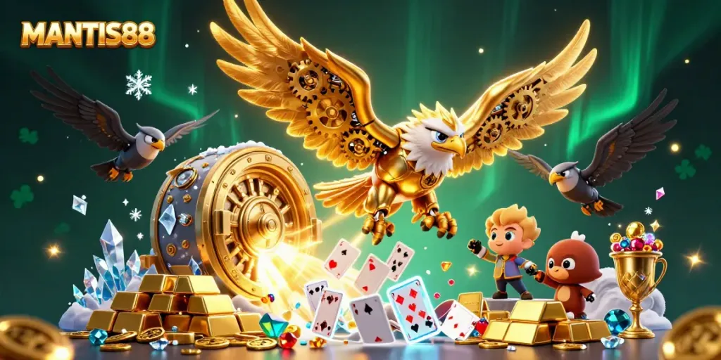 MANTIS88 showcases a cybernetic golden eagle diving through holographic playing cards, surrounded by dynamic casino imagery and rich treasure elements.