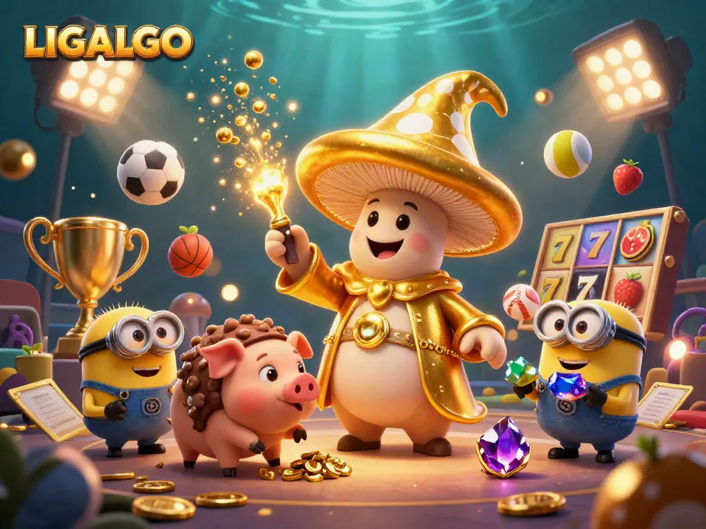 LIGALGO offers a magical gaming experience with vibrant characters, slot reels, and exciting sports elements, embodying entertainment.