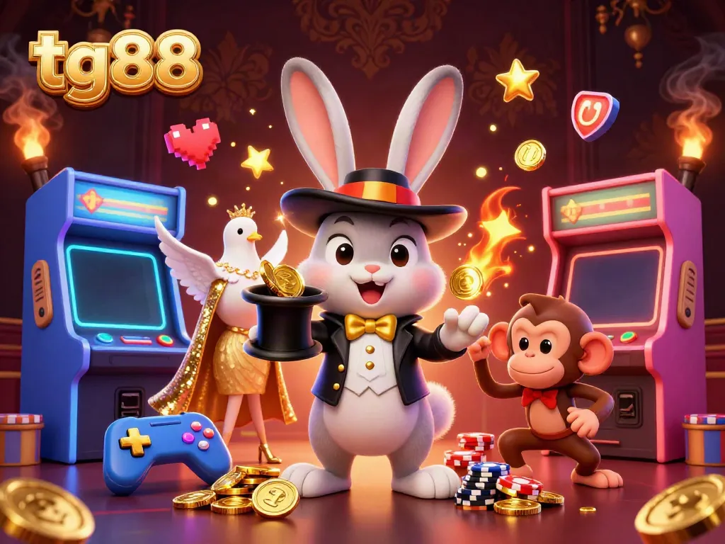 Experience tg88 casino excitement with a magician, dove, and monkey amid colorful gaming elements.