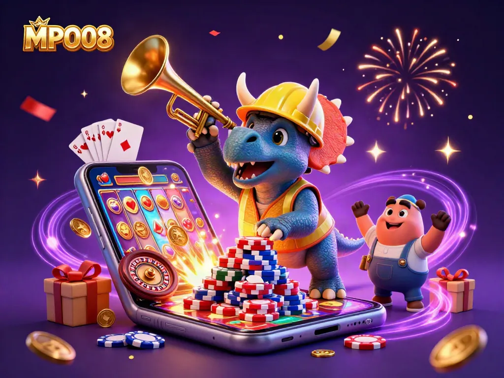 MPO08 showcases a vibrant 3D casino scene with a triceratops and a parasaurolophus celebrating amidst poker chips and slot games.