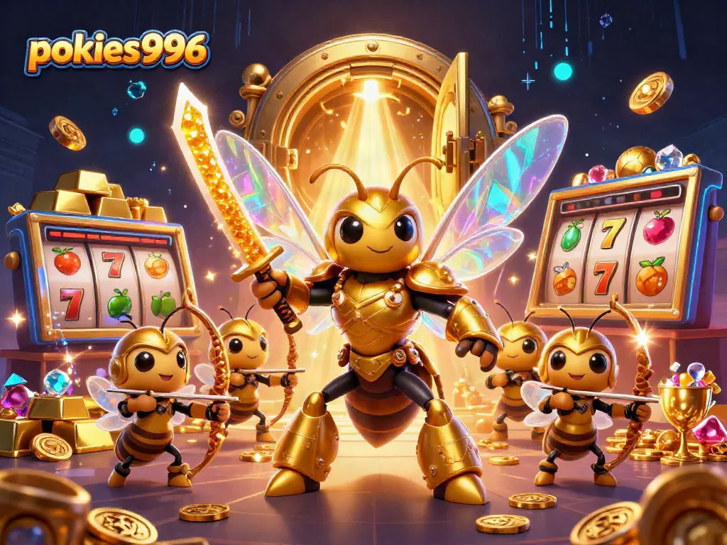 Engage with pokies996 slot games, featuring vibrant golden hornets and sparkling gems in a dynamic casino scene.