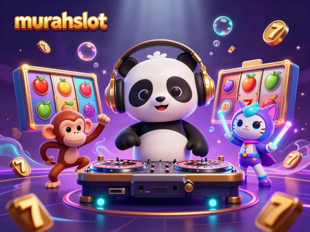 Engage with murahslot as DJ panda spins while colorful slot reels and vibrant elements energize the scene.