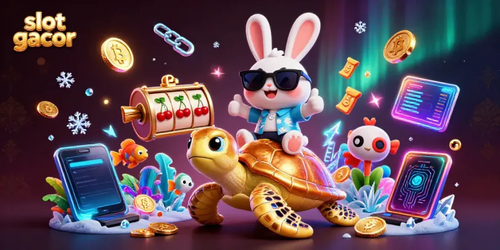 Mainkan slot gacor dengan rabbit beruntung di laut, dikelilingi koin Bitcoin dan simbol slot.