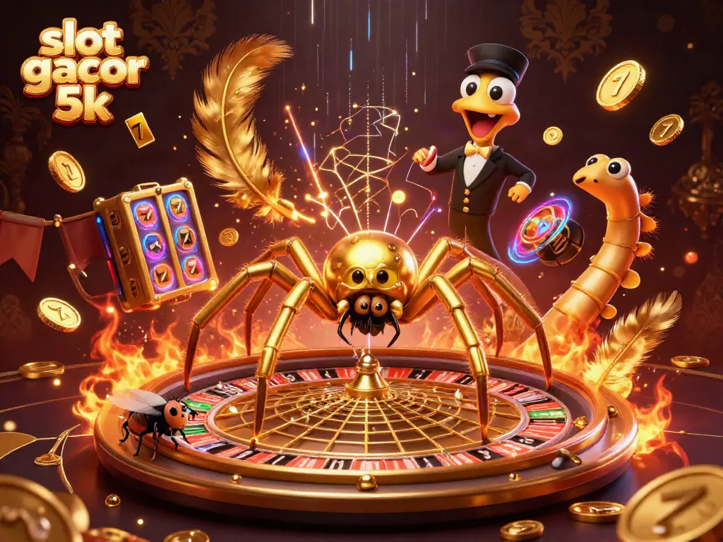 Menggali peluang dengan slot gacor 5k, ilustrasi kasino dengan karakter menarik dan elemen permainan.