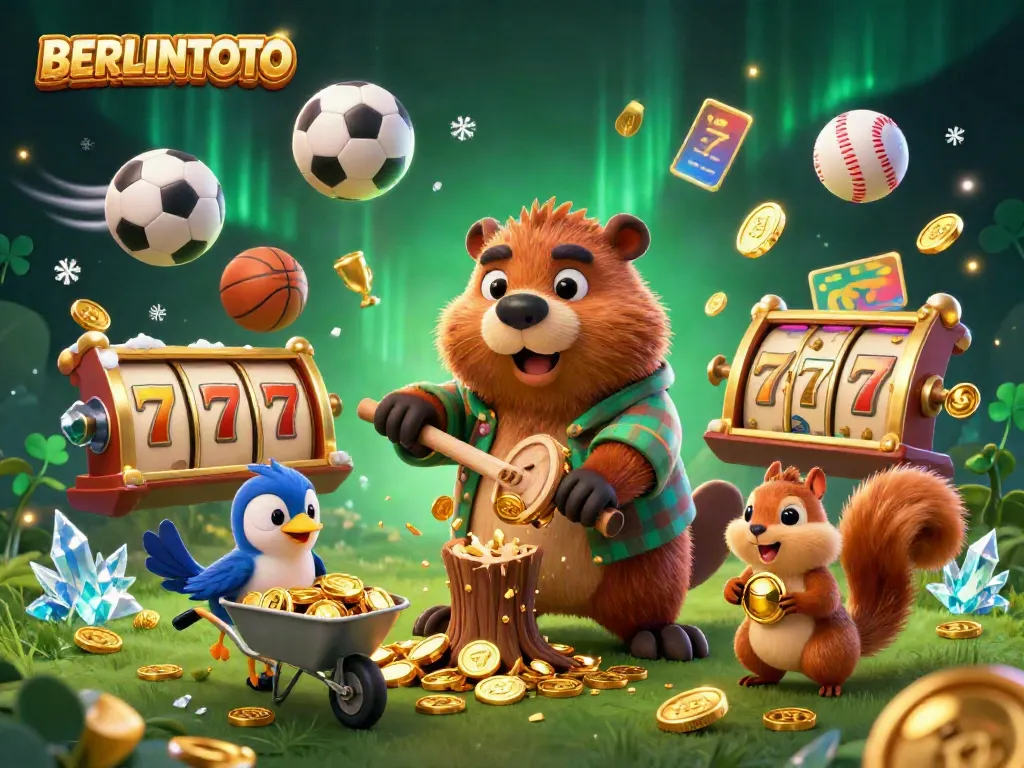 Experience thrilling wins with BERLINTOTO in this vibrant 3D illustration of a beaver surrounded by slots and gold coins.