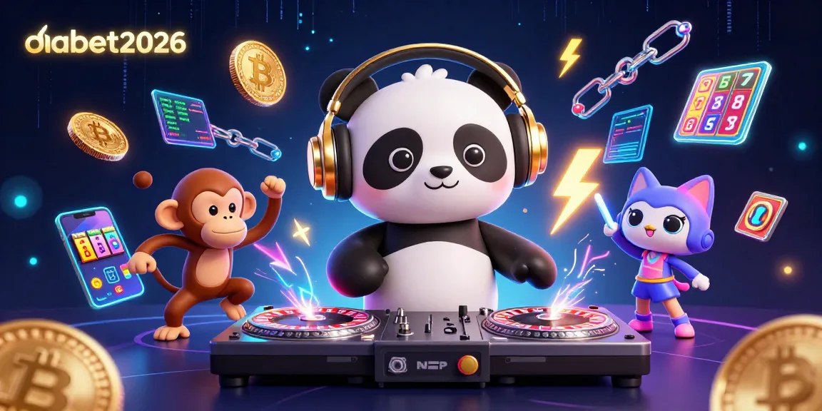 Experience vibrant gameplay at dabet2026 with a DJ panda, dancing monkey, and rave kitten in a casino-themed illustration.