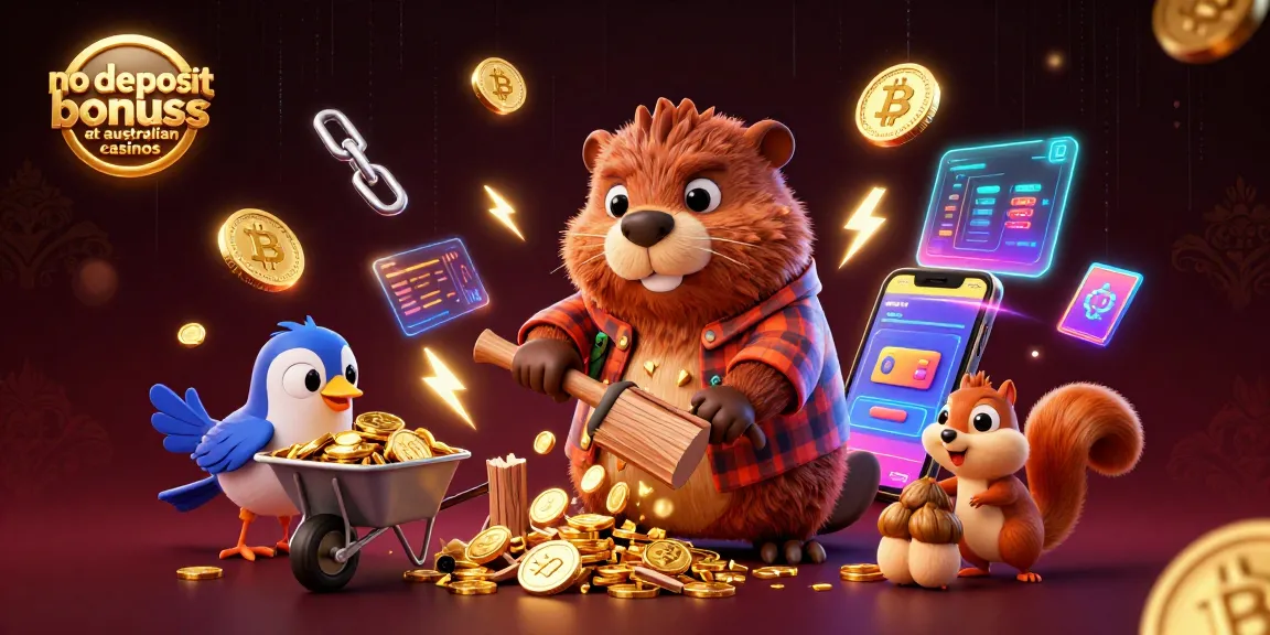 No deposit bonuses at Australian casinos illustrate winning opportunities with cartoon beaver, bird, and squirrel exchanging coins.