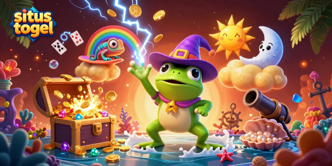 Situs togel menawarkan pengalaman menarik dengan karakter si tokek penyihir dan chameleon berwarna pelangi, dikelilingi koin emas dan elemen permainan yang berkilau.