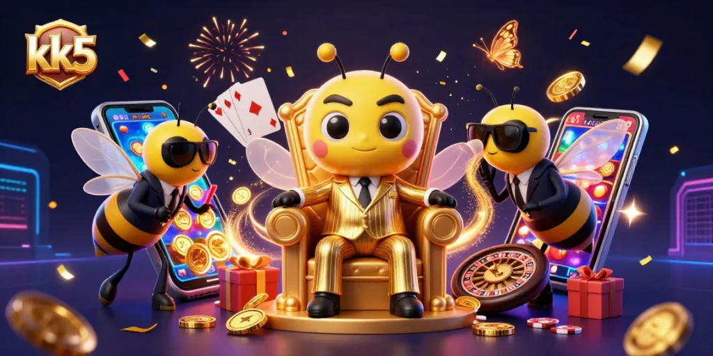 Experience excitement with kk5 as golden coins erupt from a slot game in a dynamic casino scene.