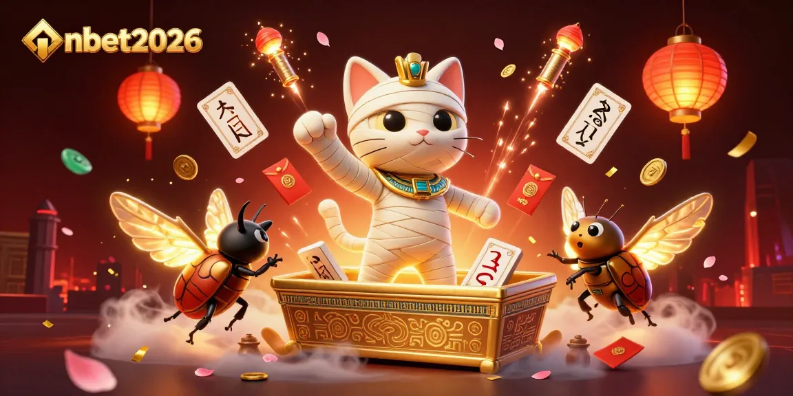 Engage with nbet2026 in a vibrant casino scene featuring a mummy cat and glowing elements.