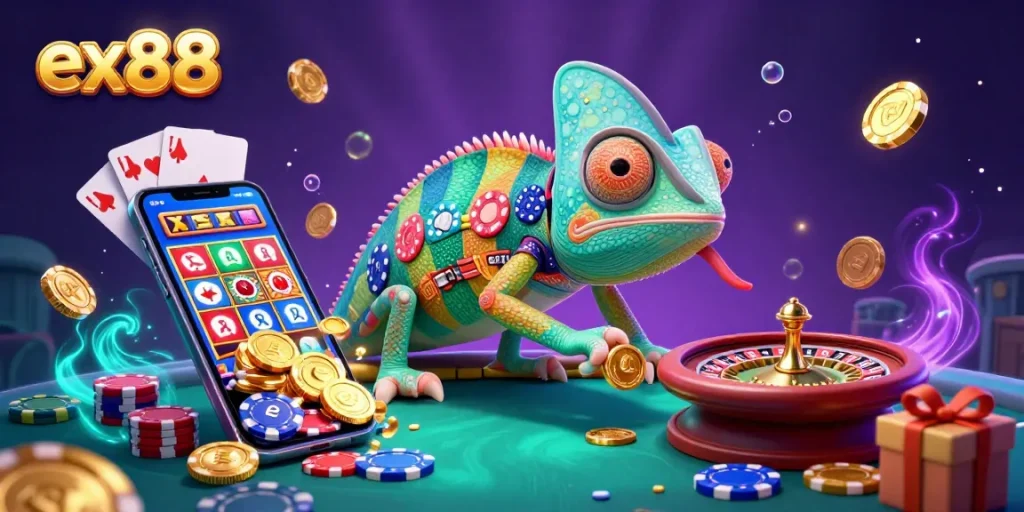 Experience exhilarating casino gaming with ex88 as the chameleon owner captures coins while vibrant games surround him.