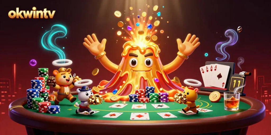 Experience thrilling gameplay with okwintv as a golden volcano erupts treasures while players chase winnings.