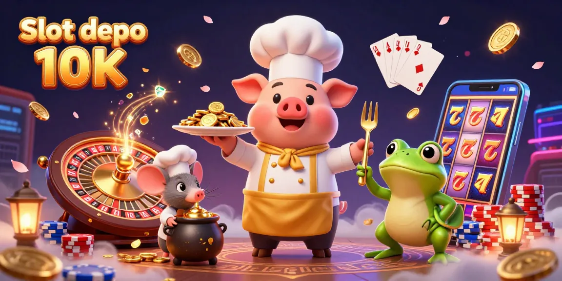 Spin and win with Slot depo 10K, featuring golden coins and dynamic gaming elements.
