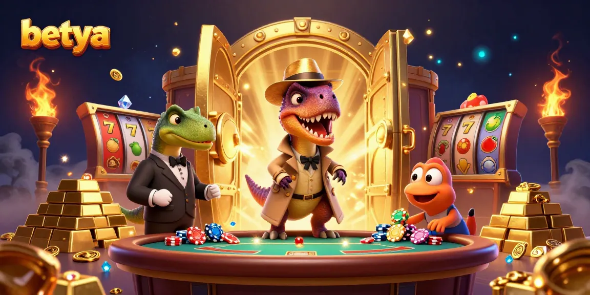 Betya promotes a thrilling casino experience with cartoon velociraptors amidst dynamic slot elements.