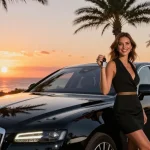 Mobil mewah LUXURY 777 di tepi pantai dengan suasana matahari terbenam yang menawan.