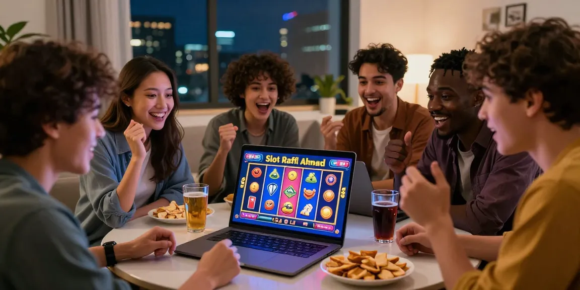 Friends enjoying Slot Raffi Ahmad online gaming experience with excitement and fun ambiance.