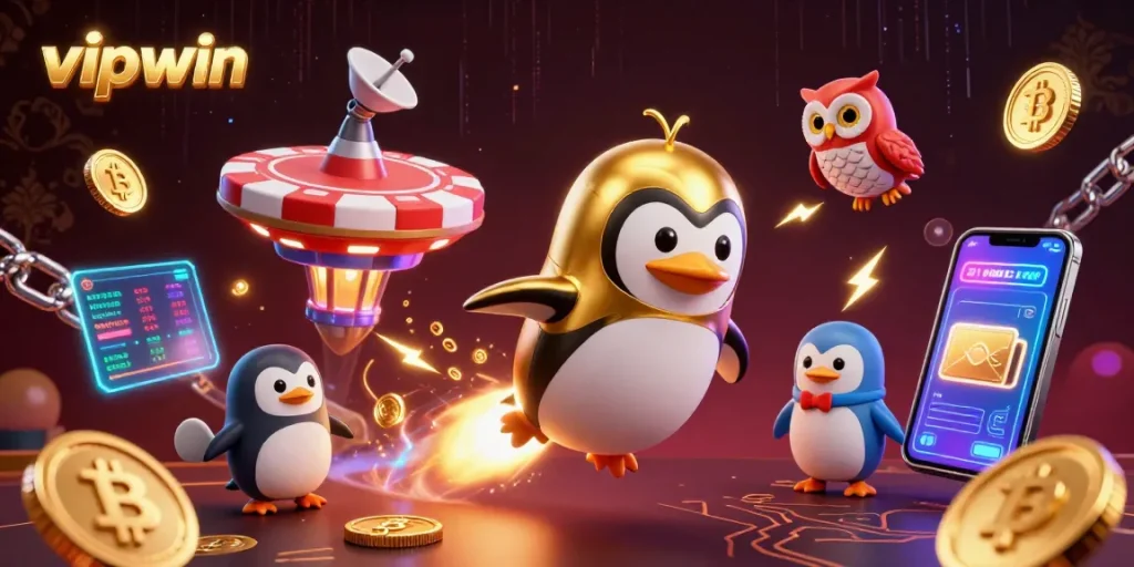 Spin the reels for jackpots at vipwin with a golden penguin and crypto coins in action
