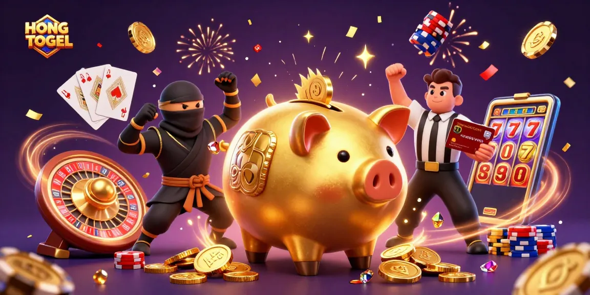 Menggambar HONGTOGEL dengan karakter gundul emas sumo dan ninja, merayakan kemenangan dengan koin dan harta.
