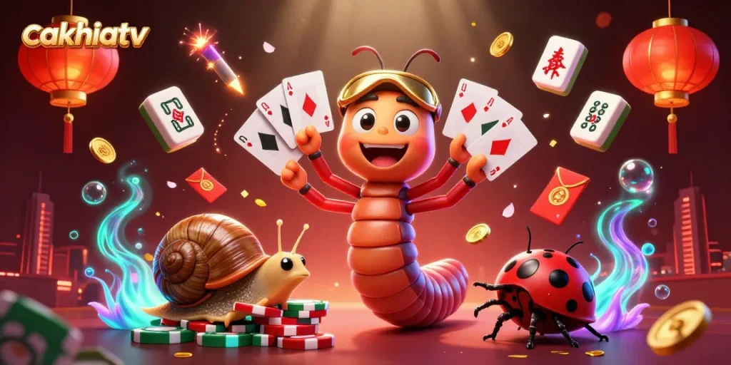 Cakhiatv showcases a vibrant scene of a millipede dealer with cards amid dazzling gambling elements and festive decorations.