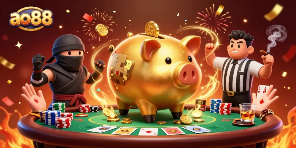 Capture excitement at ao88 with dynamic gaming action featuring a golden piggy bank wrestler and casino elements.
