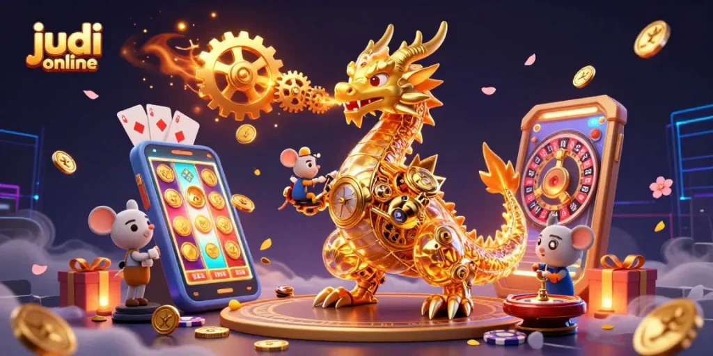 Experience judi online excitement with a captivating scene of a golden dragon amidst dynamic casino elements.