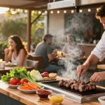 Pengalaman masakan luar ruangan dengan chef BBQ di restoran, menyiapkan hidangan BOS 88 yang menggugah selera.