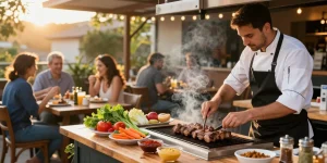 Pengalaman masakan luar ruangan dengan chef BBQ di restoran, menyiapkan hidangan BOS 88 yang menggugah selera.