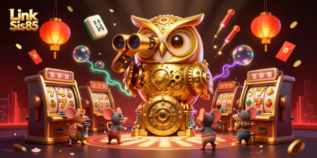 Mainkan Link Sis85 dengan slot menggiurkan dan simbol keberuntungan yang terlihat dalam ilustrasi menarik ini.