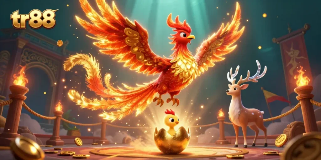Experience the vibrant world of tr88 with a fiery phoenix and mystical stag in a dynamic casino scene.