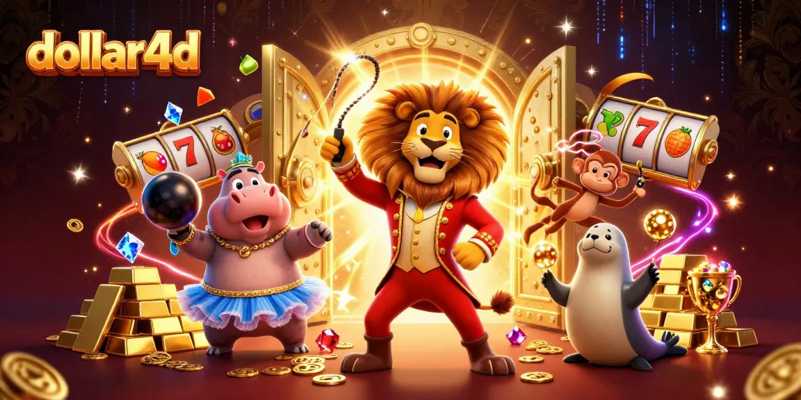 Engaging dollar4d casino illustration with colorful circus characters and slot machine elements.