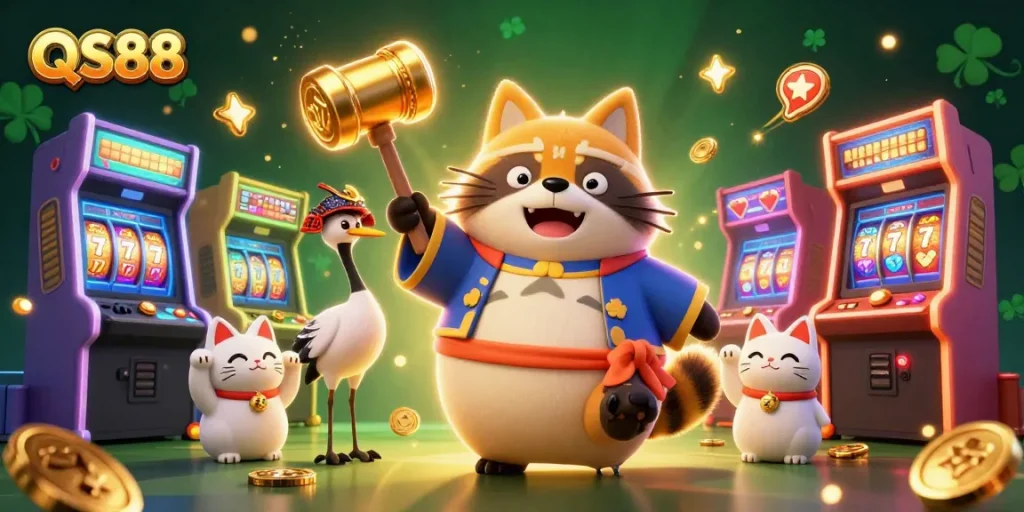 Experience thrilling gameplay at QS88 with adorable characters and vibrant casino elements in a dynamic scene.
