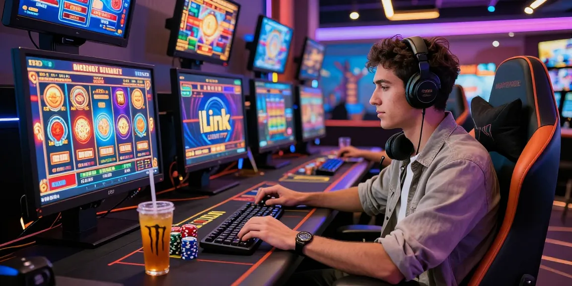 Pengalaman judi online mewah dengan fokus pada Link LUXURY777, pemain terampil di kursi nyaman dikelilingi layar menampilkan permainan slot dan dealer langsung.
