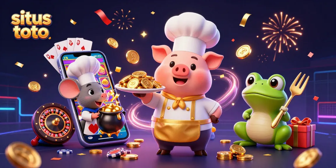 Gameplay situs toto yang seru, dengan elemen emas, slot, dan karakter konyol dalam adegan menggembirakan.