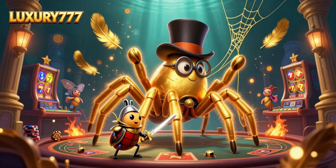 LUXURY777 menghadirkan tarantula emas dalam adegan kasino yang penuh warna dan detail menakjubkan.