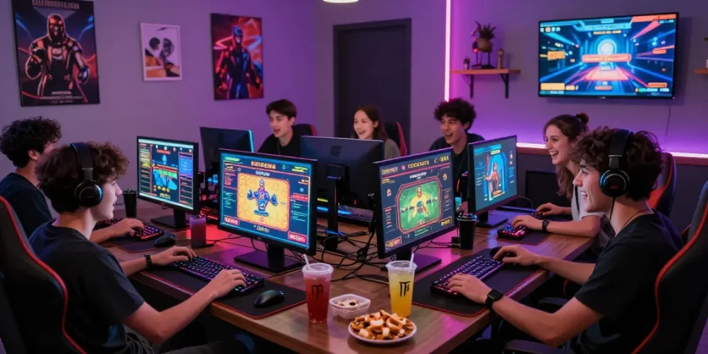 Link Sis77, komunitas gamer menikmati permainan online di ruang modern dengan dekorasi menarik.